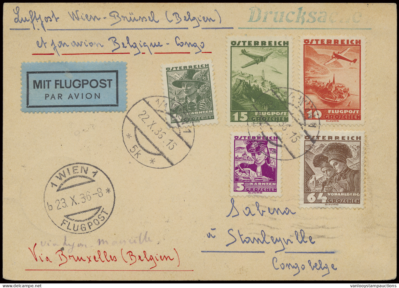 1936, SABENA Flight Wien-Brussels, Airmail Postcard Sent From Wien/Austria October 23, 1936 To Stanleyville / Belgian Co - Autres & Non Classés