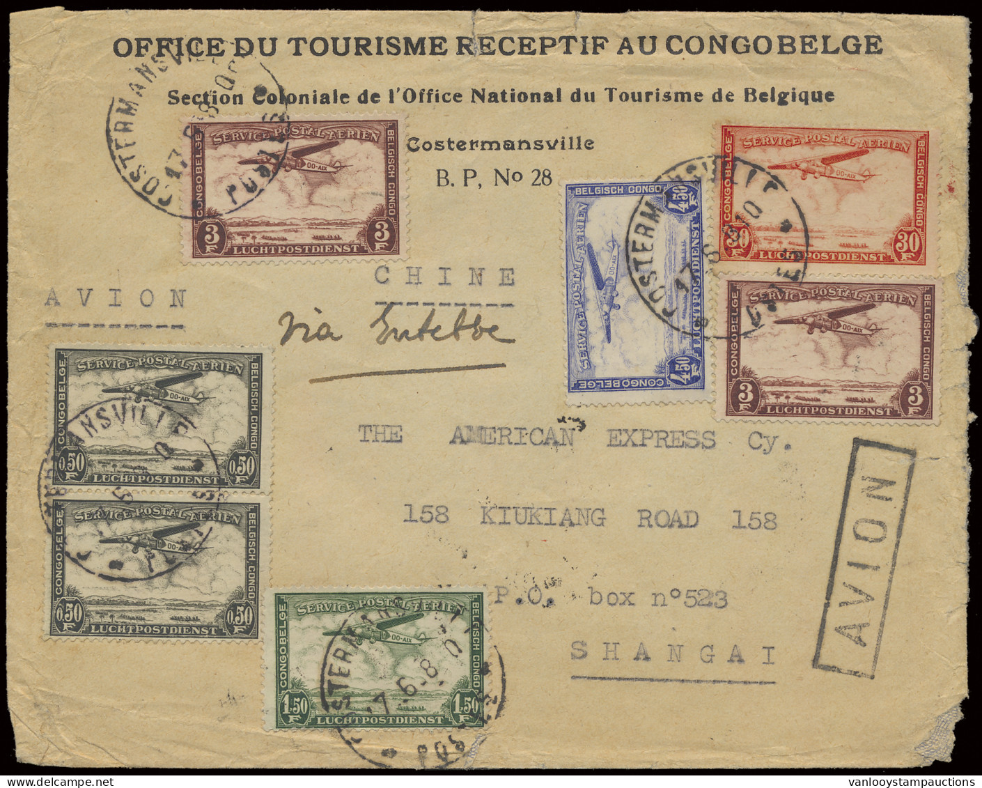 1938, Airmail Cover Franked With OBP N° 140, 149, 164, 169, PA7 (2x), PA9, PA10 (2x), PA11 And PA14, Sent From Costerman - Autres & Non Classés