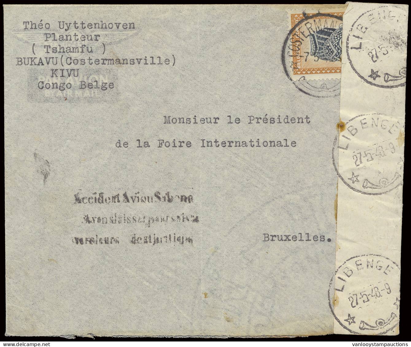 1948, Libenge Crash Airmail, Airmail Cover Franked With OBP N° 291, Sent From Costermansville May 7, 1948 To Brussels/Be - Other & Unclassified