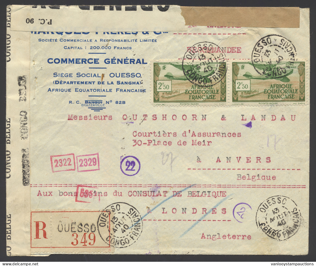 1940, Registered Cover Sent From Ouesso/AEF (Afrique Equatoriale Française) To Anvers / Belgium, With Sender Request Aux - Lettres & Documents