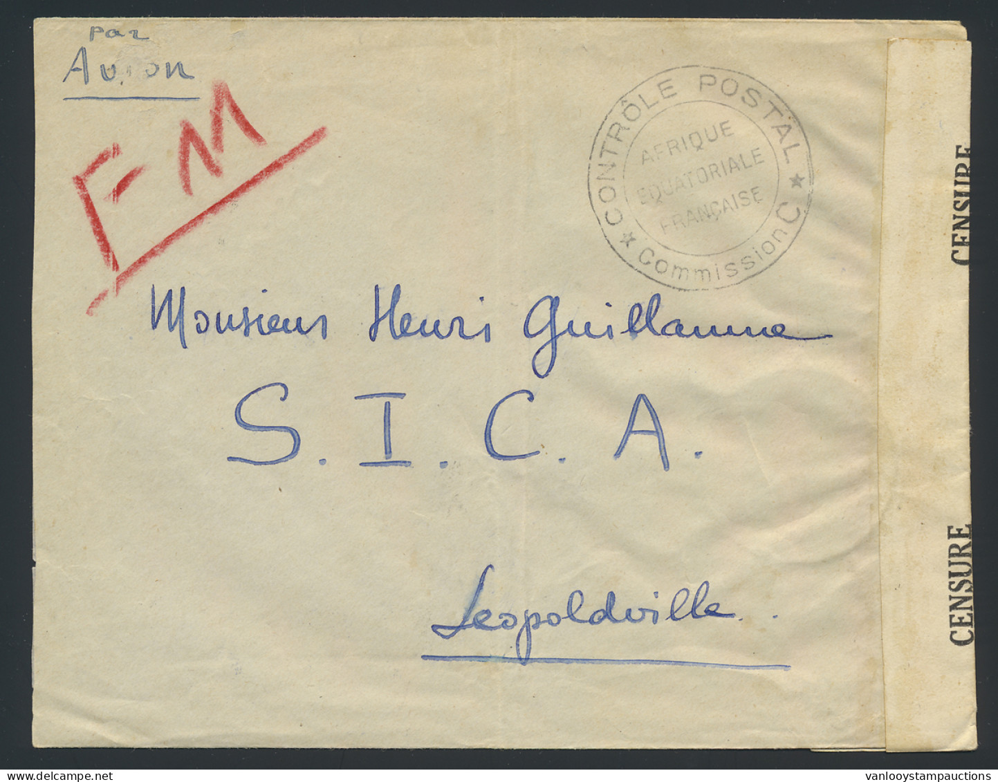 1940, Airmail Postage Free Cover Sent From Libreville/ AEF In 1940 To Leopoldville Belgian Congo, With Censor Marks Of A - Briefe U. Dokumente