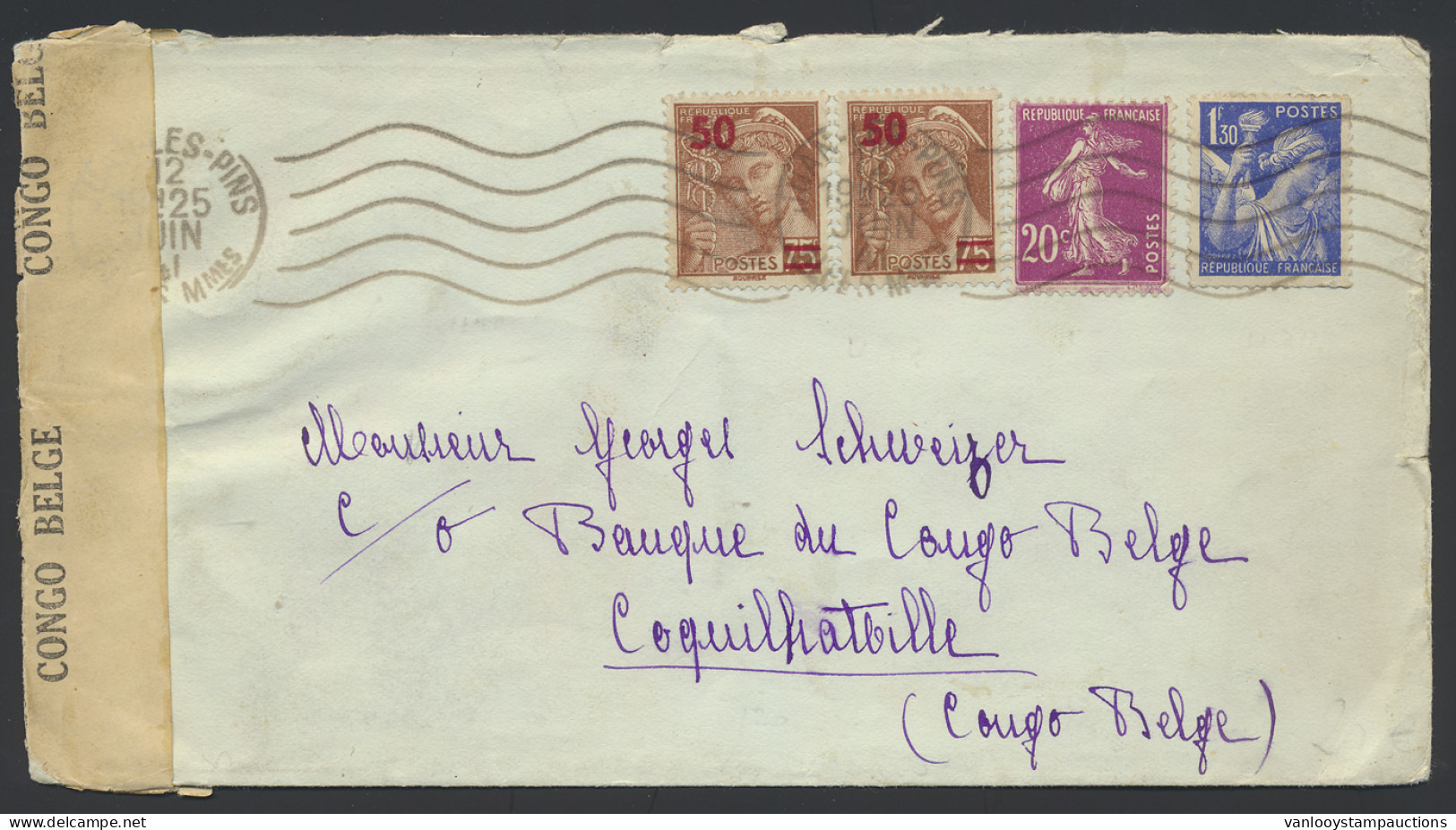 1941, Belgian Congo Censor Tape Type Aa Applied At Leopoldville-1 On Cover Sent From France To Coquilhatville / Belgian  - Briefe U. Dokumente