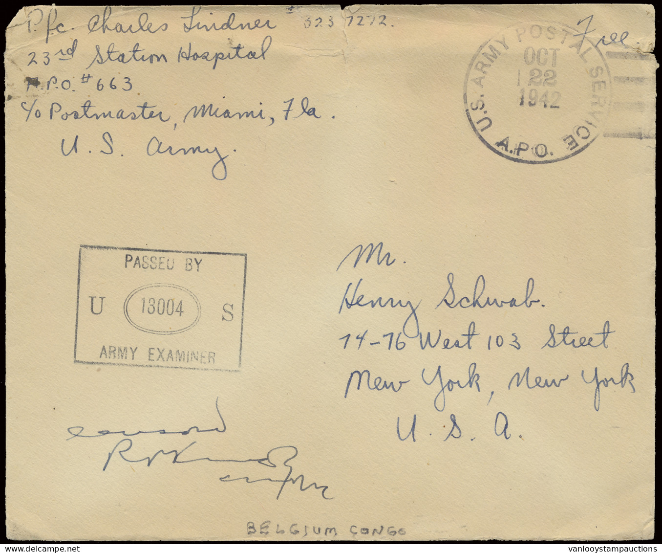 1942 Belgian Congo - US Army In Belgian Congo, Postage Free Cover, Written By A Soldier Of The 23rd Station Hospital - A - Covers & Documents