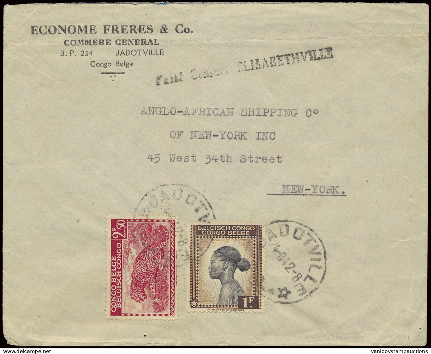 1942, Belgian Congo Censor Straight-line Type Ebb Passé Censure Elisabethville (in Black) On Cover Sent From Jadotville  - Covers & Documents