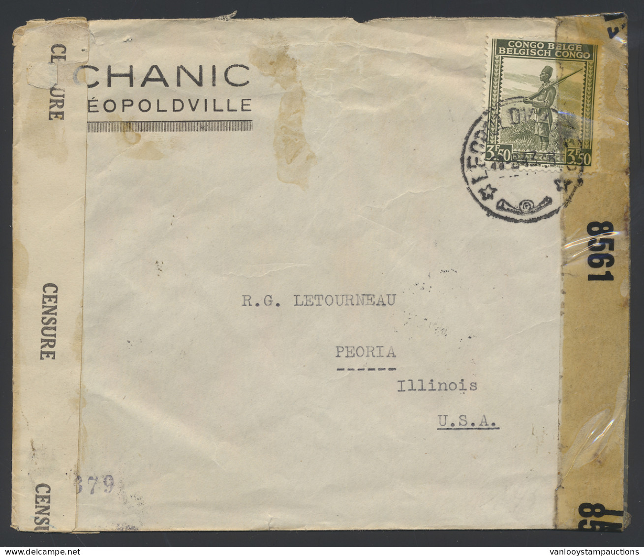 1943, Belgian Congo Censor Tape Type Aa Applied At Leopoldville By Censor Man Number 49 (in Black) On Surface Mail Cover - Covers & Documents