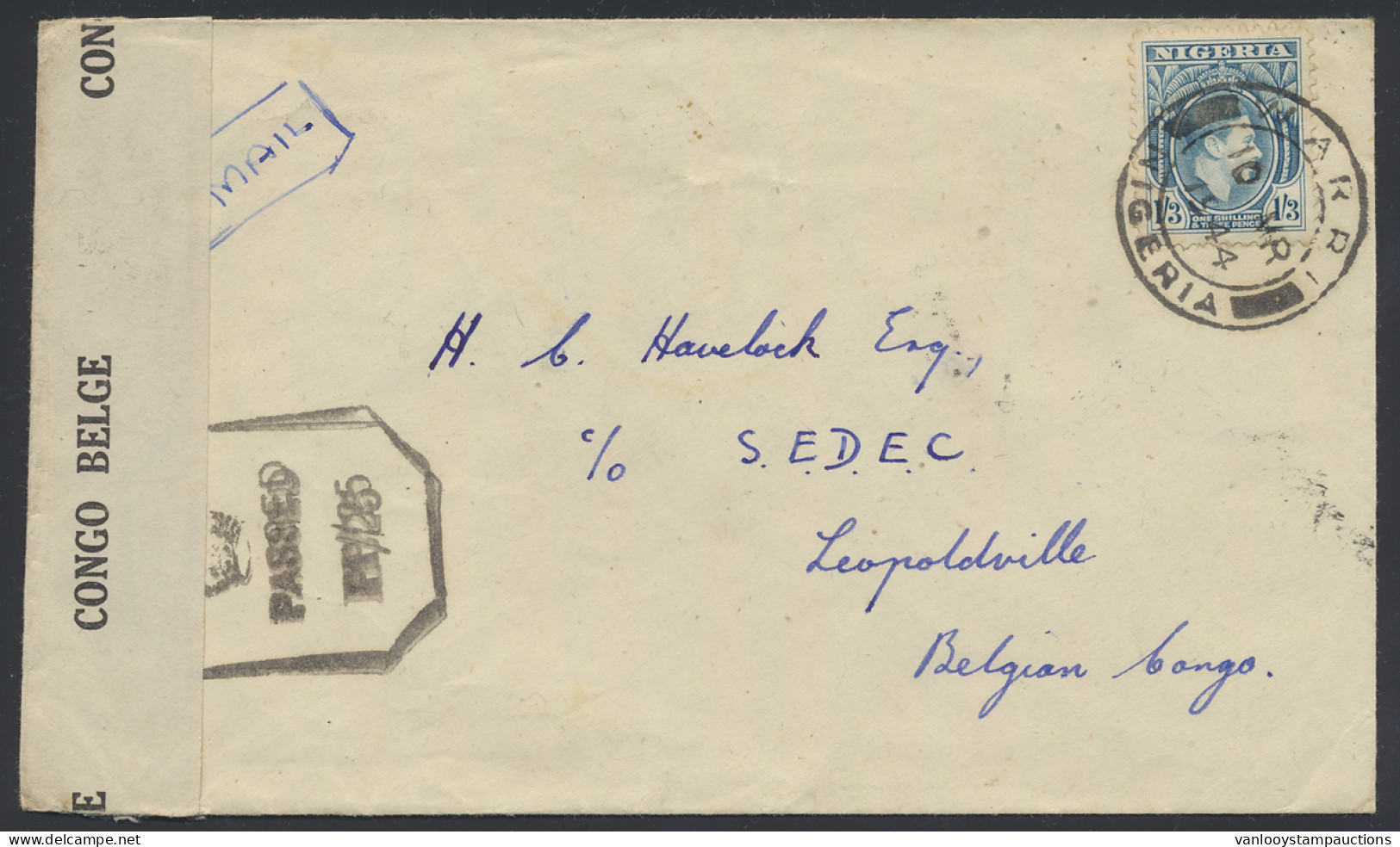 1944, Belgian Congo Censor Tape Type Aa Applied At Leopoldville By Censor Man Number 48 (in Black) On Airmail Cover Sent - Cartas & Documentos