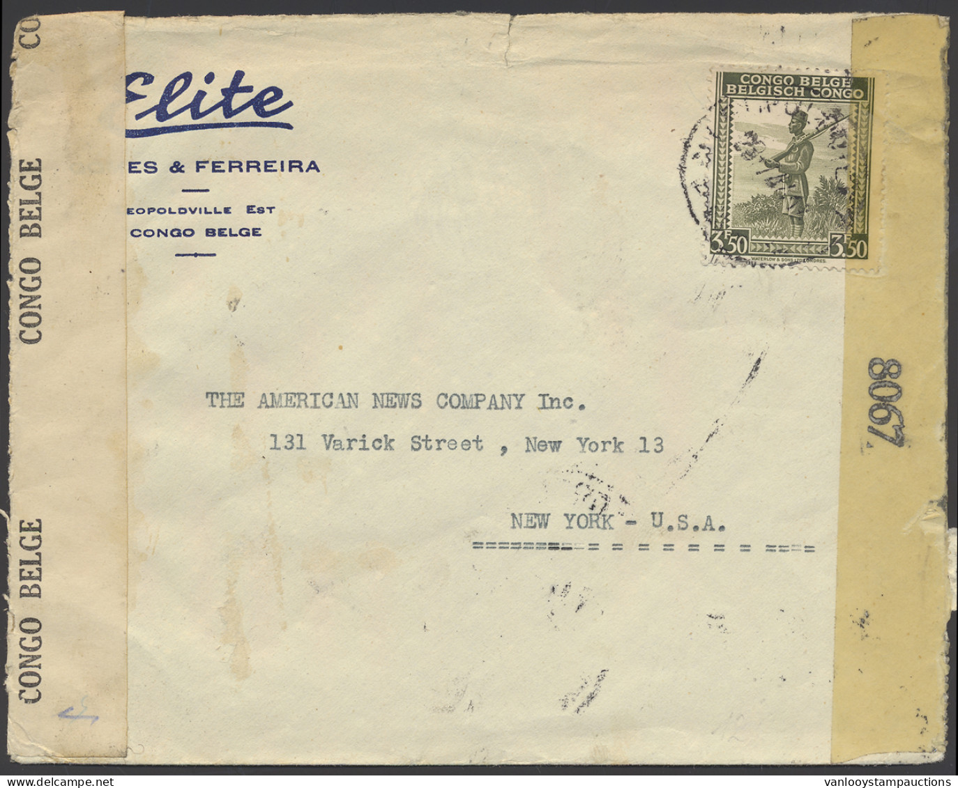 1944, Belgian Congo Censor Tape Type Aa Applied At Leopoldville By Censor Man Number 12 (in Black) On Cover Sent From Le - Briefe U. Dokumente