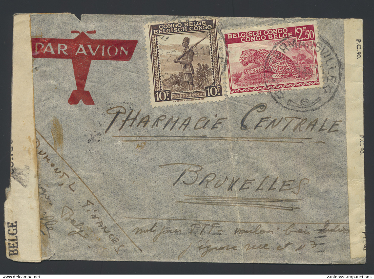 1944, Belgian Congo Censor Tape Type Aa Applied At Costermansville By Censor Man Number 4 (in Black) On Airmail Cover Se - Briefe U. Dokumente