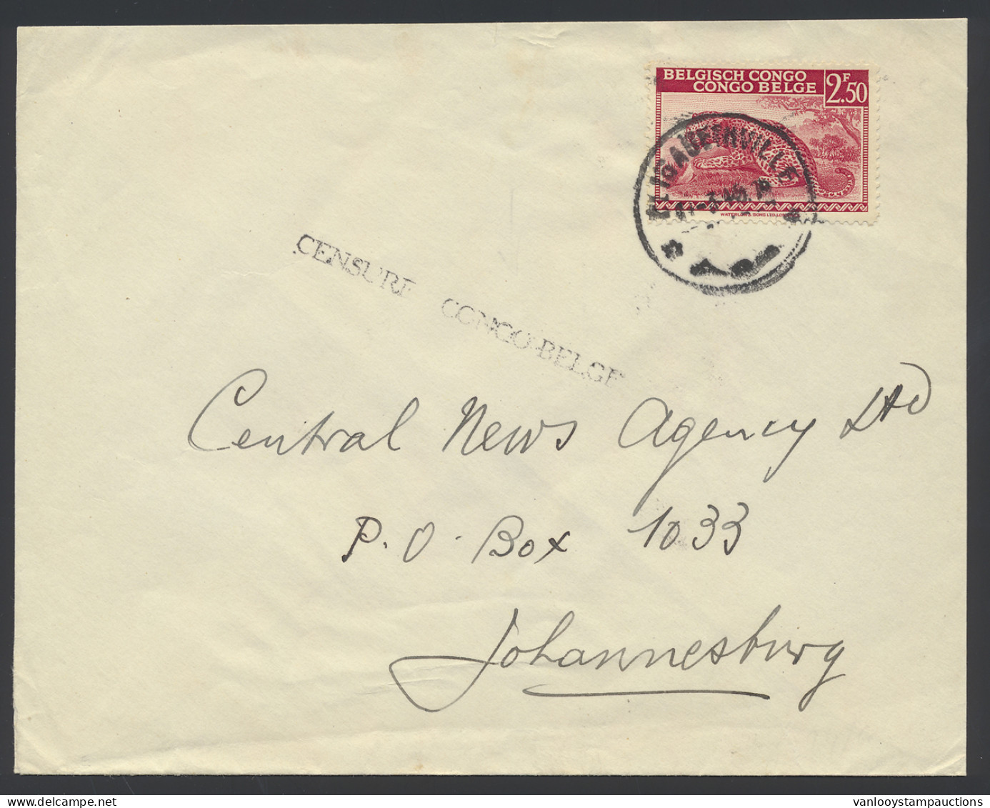 1944, Belgian Congo Censor Straight-line Type Bb CENSURE CONGO-BELGE (in Black) On Cover Sent From Elisabethville To Joh - Briefe U. Dokumente