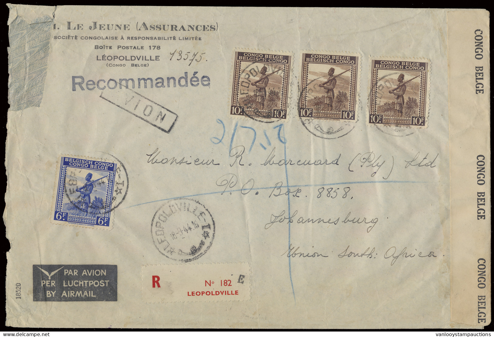 1944, Registered Airmail Cover Franked With OBP N° 244 And 266 (3x), Sent From Leopoldville September 18, 1944 To Johann - Cartas & Documentos