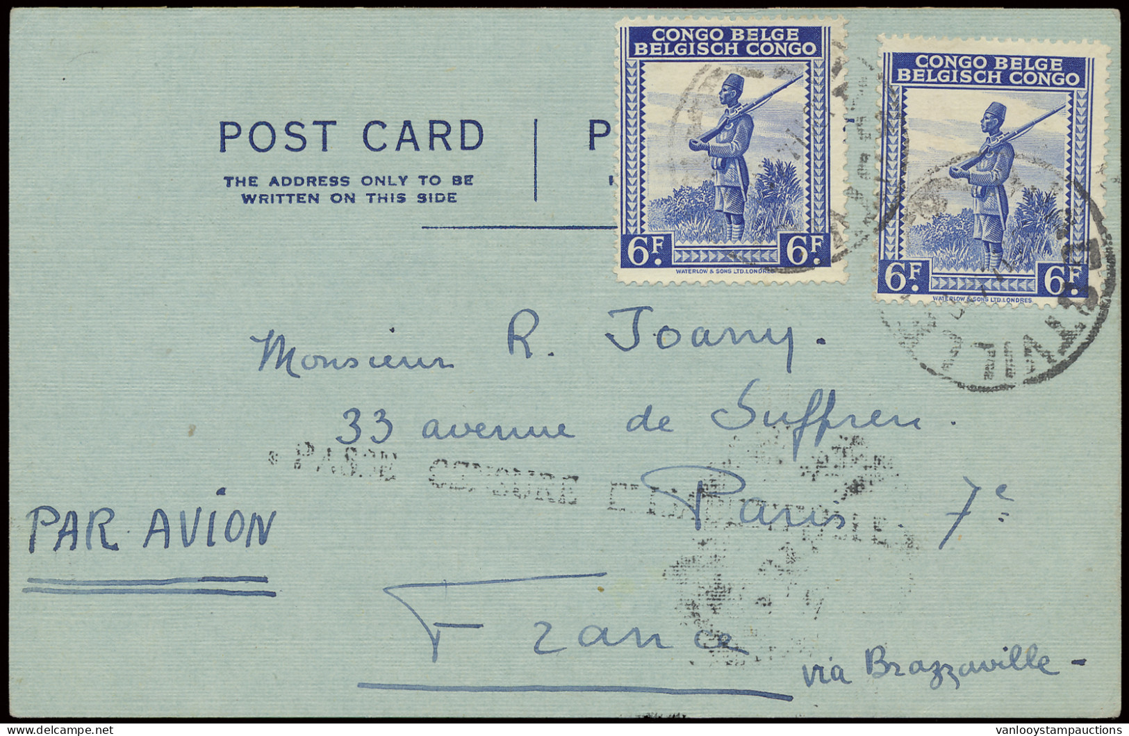 1944, Belgian Congo Censor Straight-line Type Db PASSE CENSURE ELISABETHVILLE (in Black) On Airmail Postcard Sent From J - Lettres & Documents