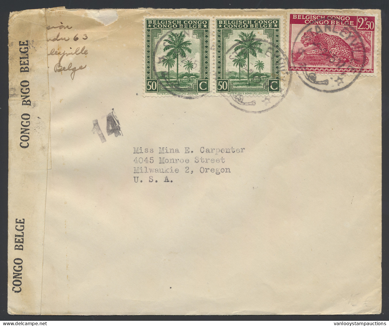 1945, Belgian Congo Censor Tape Type Aa Applied At Stanleyville By Censor Man Number 14 (in Black) On Surface Mail Cover - Briefe U. Dokumente