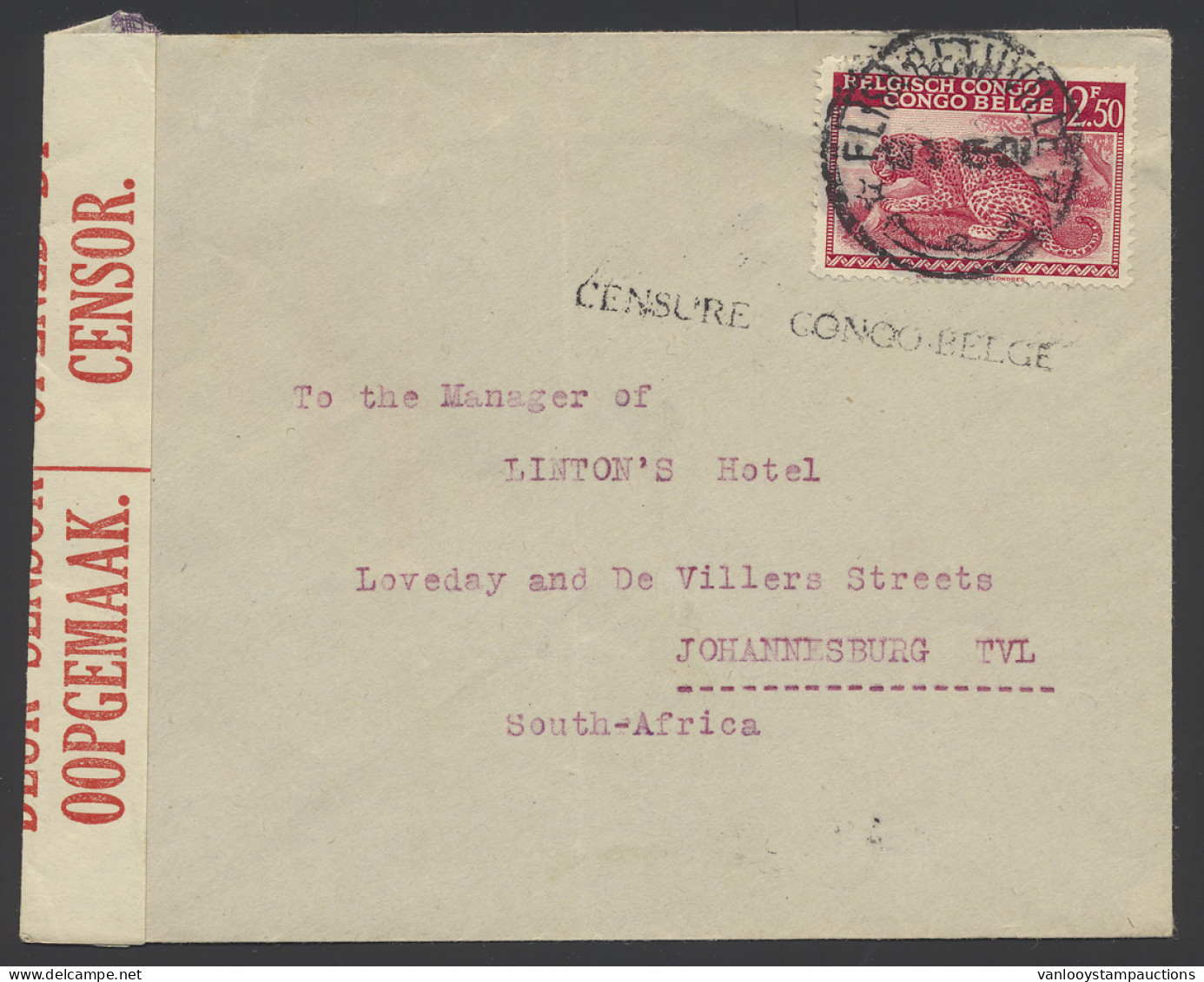1945 Cover Franked With OBP N° 241 Sent From Elisabethville To Johannesburg/South Africa, Linear Censor Mark CENSURE CON - Covers & Documents