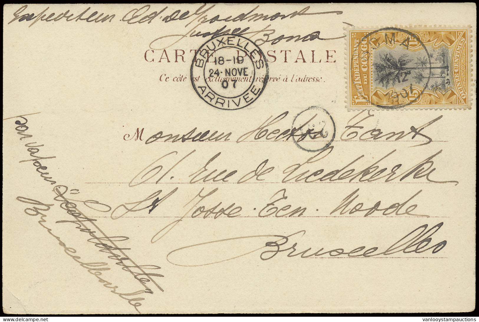 1907, Picture Postcard Franked With OBP N° 20 15c. Ochre - Mols Congo Free State Issue, Sent From Boma November 4, 1907  - Otros & Sin Clasificación