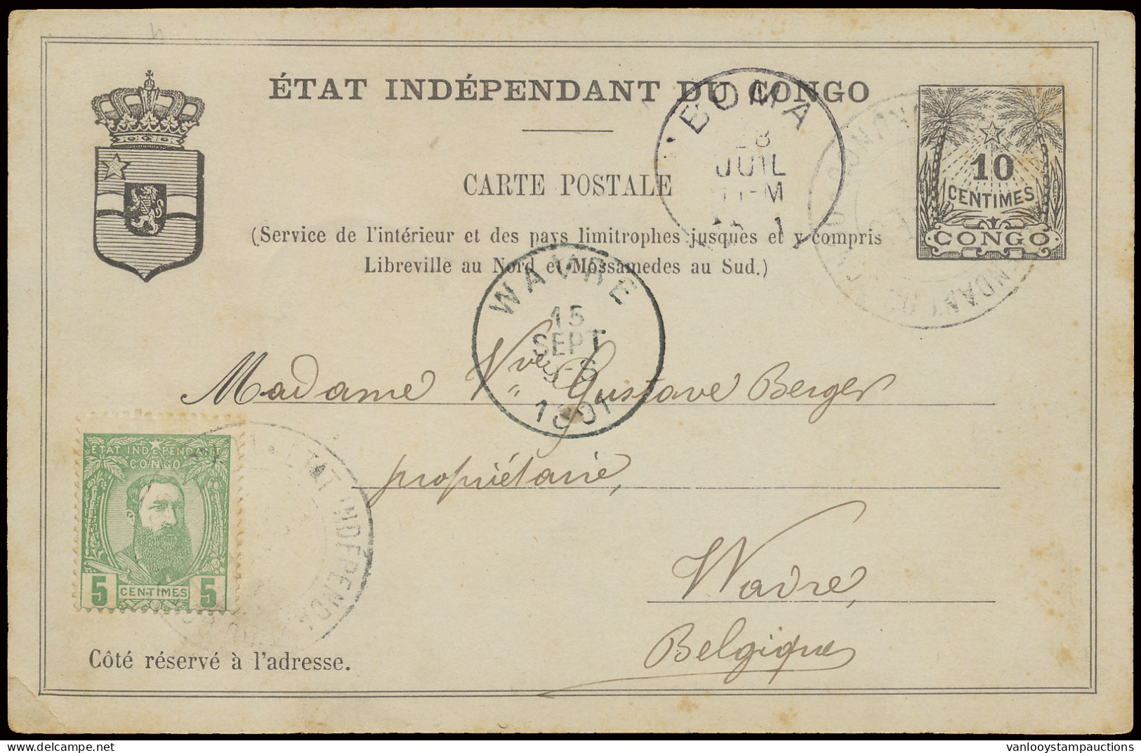 1891 Postal Stationery Catalogue Stibbe N° 4 With Additional Franking OBP N° 6 5c. Yellow-green - Leopold II Second Issu - Entiers Postaux