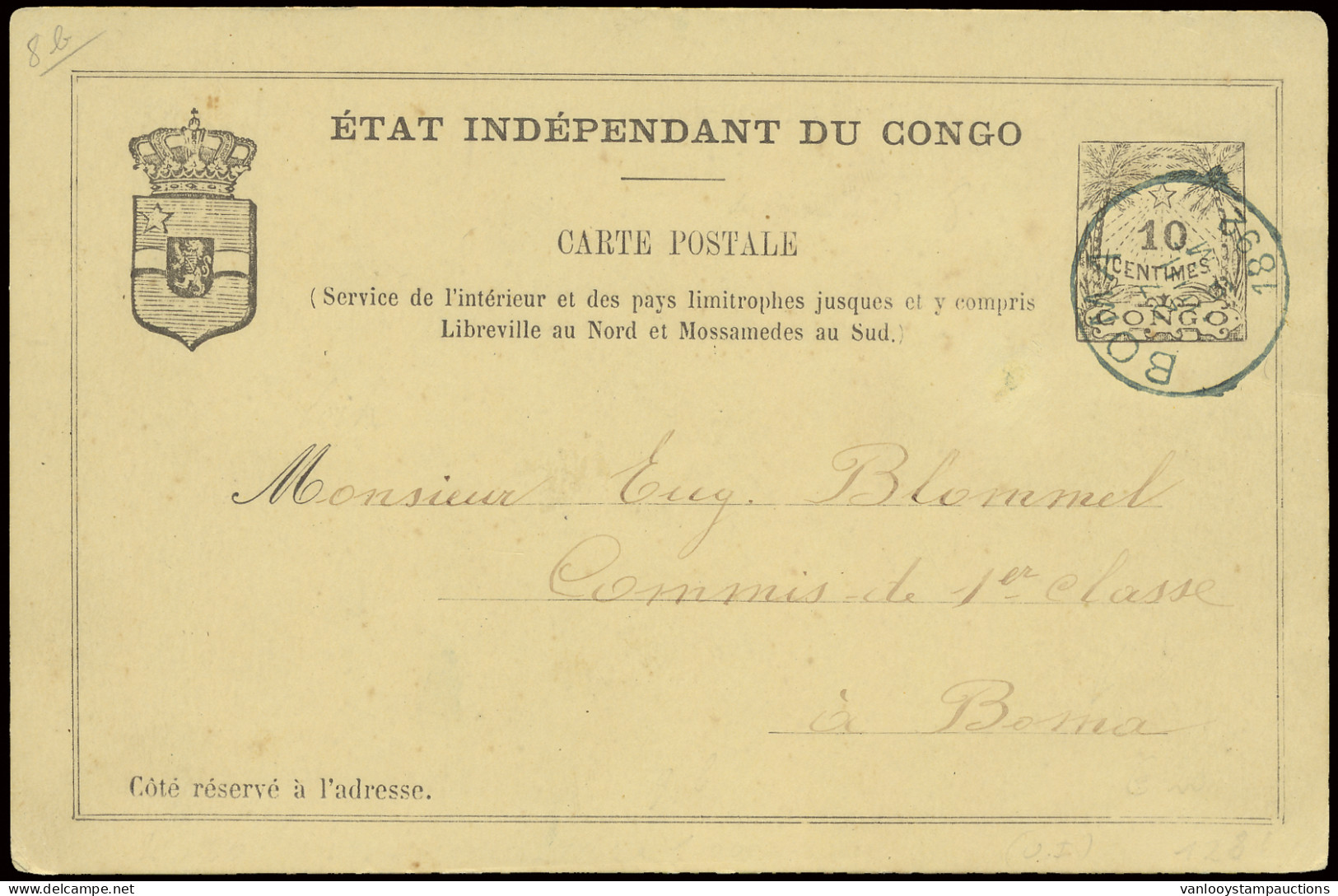 1892 Postal Stationery Catalogue Stibbe N° 8b, Sent To And From Boma June 26, 1892 (domestic Use), Very Scarce Postal St - Stamped Stationery