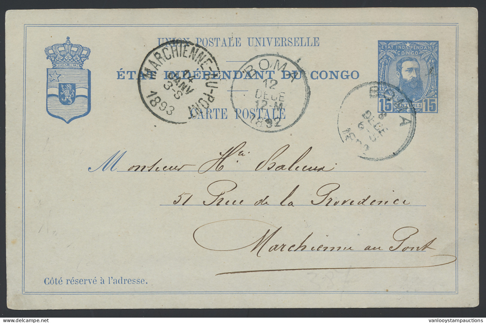 1892 Postal Stationery Item Stibbe N° 11, Sent From Boma Dec. 8, 1892 Early Use Of This Card To Marchienne-au-Pont Belgi - Stamped Stationery