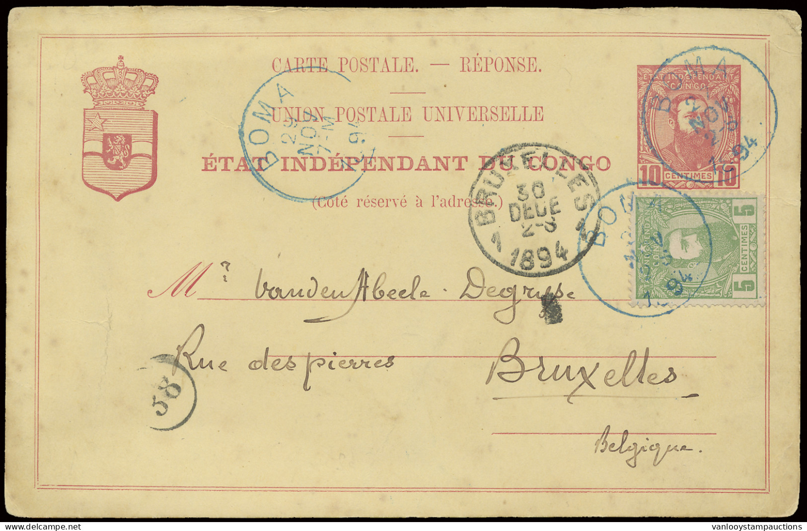 1894 Postal Stationery Catalogue Stibbe N° 13 Reply Part With Additional Franking OBP N° 6 5c. Yellow-green - Leopold II - Stamped Stationery