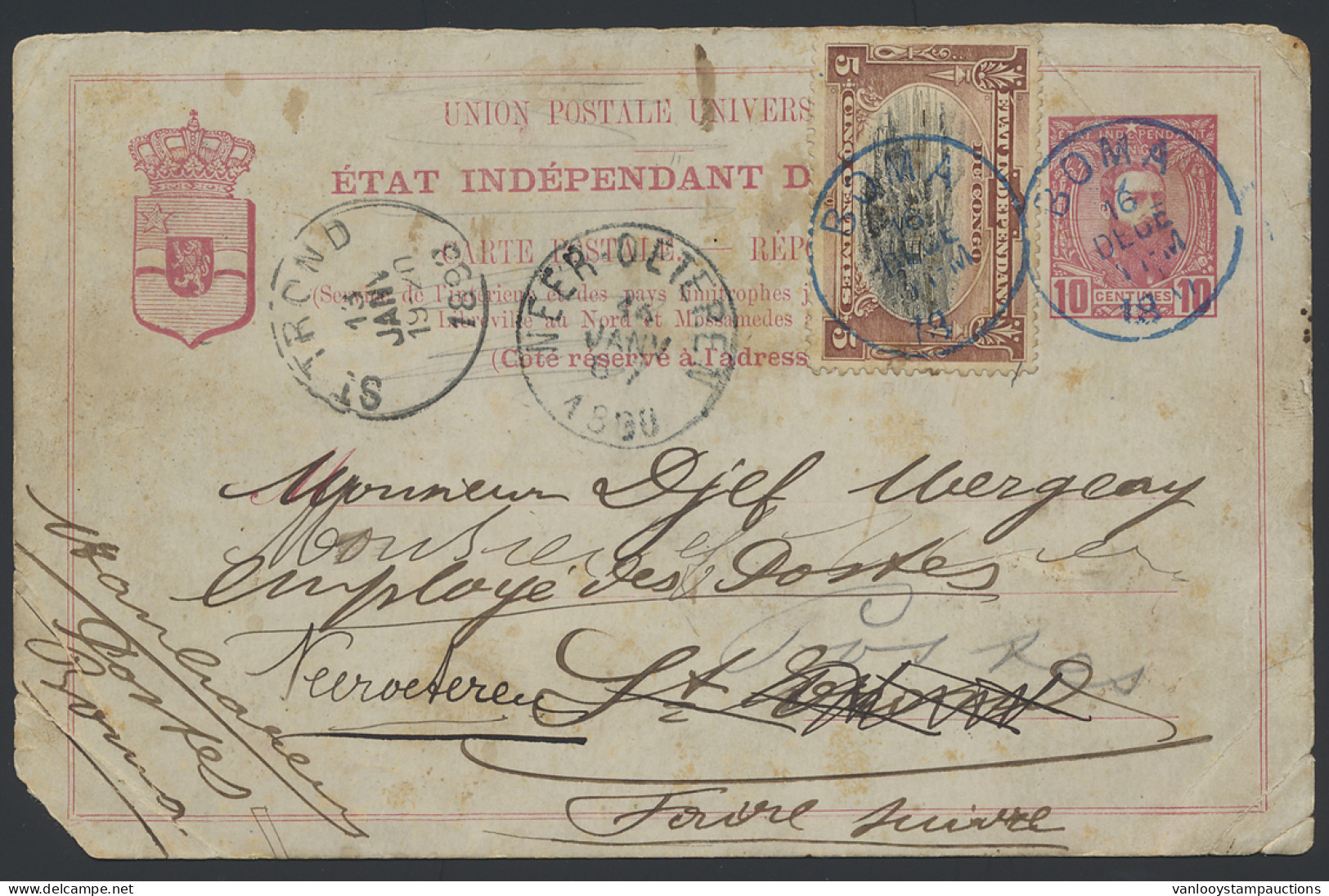 1897 Postal Stationery Catalogue Stibbe N° 12 (reply Card) With Additional Franking OBP N° 15 5c. Red-brown - Mols Congo - Entiers Postaux