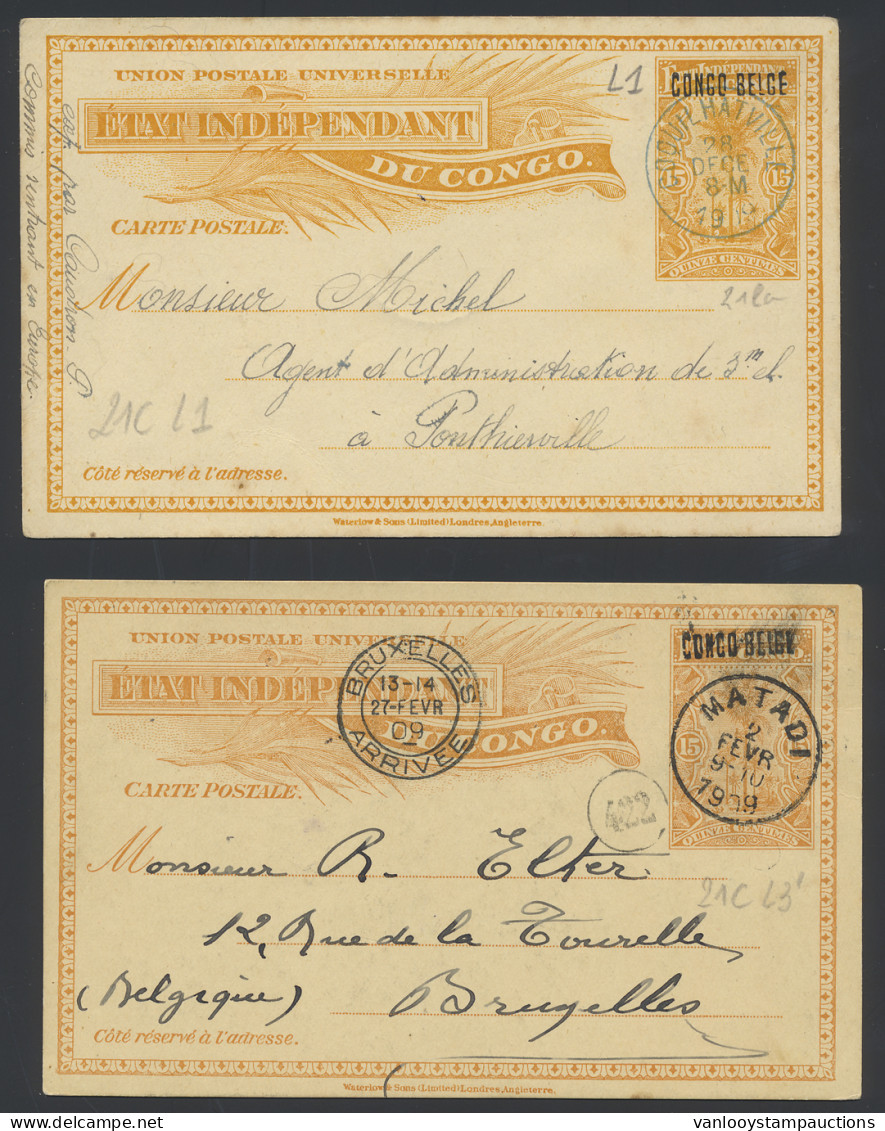 1909 Lot Of 3 Postal Stationery Items, Catalogue Stibbe N° 21La (1x) And 21Lc (2x) 1909 Issue With Local Overprint CONGO - Stamped Stationery