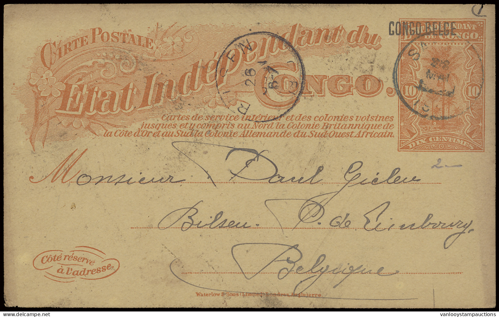 1910 Postal Stationery Catalogue Stibbe N° 24T-Cu, Overprint CONGO BELGE Misplaced To The Left, Sent From Sakania May 28 - Stamped Stationery