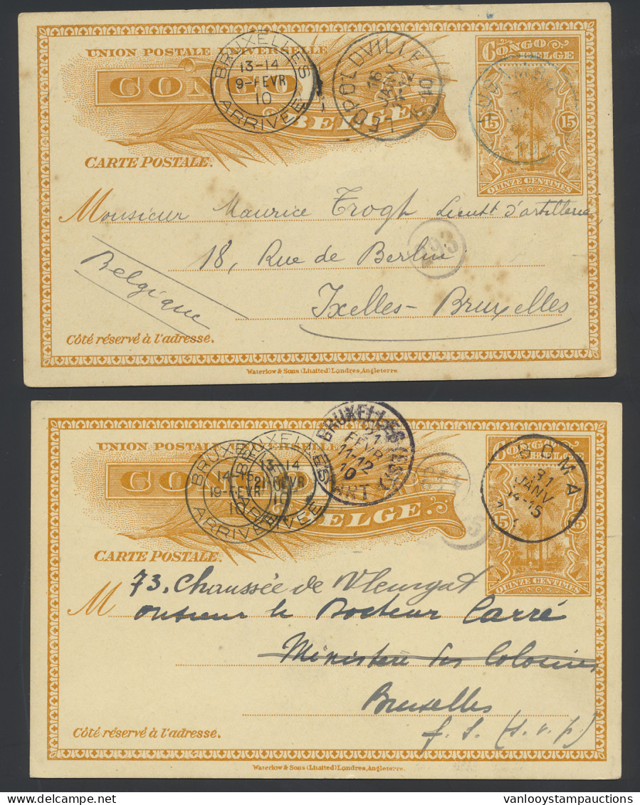 1910 Postal Stationery Catalogue Stibbe N° 27 (2x) 15c. Orange - Palms Unilingual Issue, Sent From Boma And Lusambo In 1 - Entiers Postaux