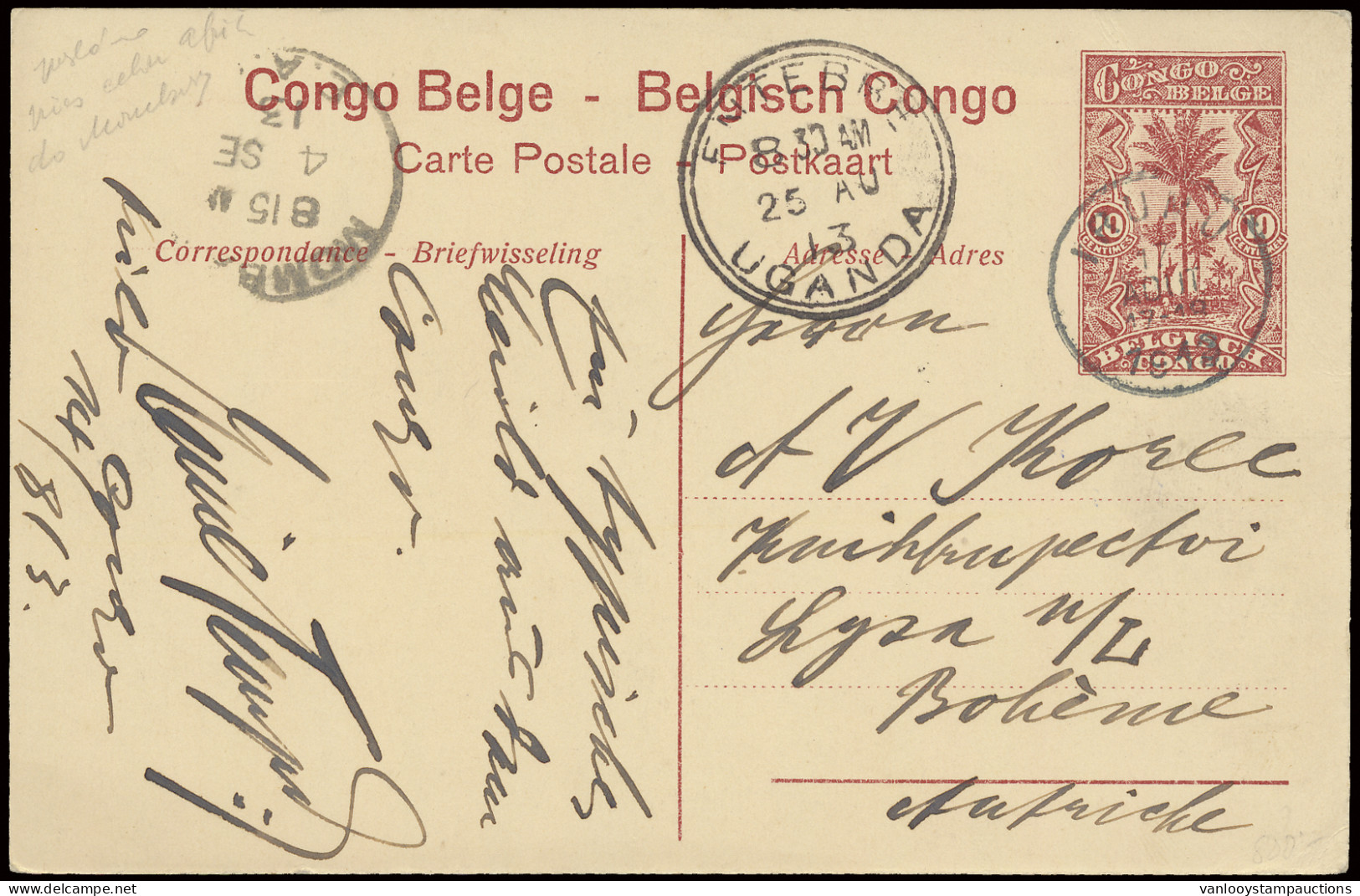 Postal Stationery Catalogue Stibbe N° 43 View 8, Sent From Irumu August 17, 1913 To BOHEME/AUSTRIA, Via The East Route T - Entiers Postaux