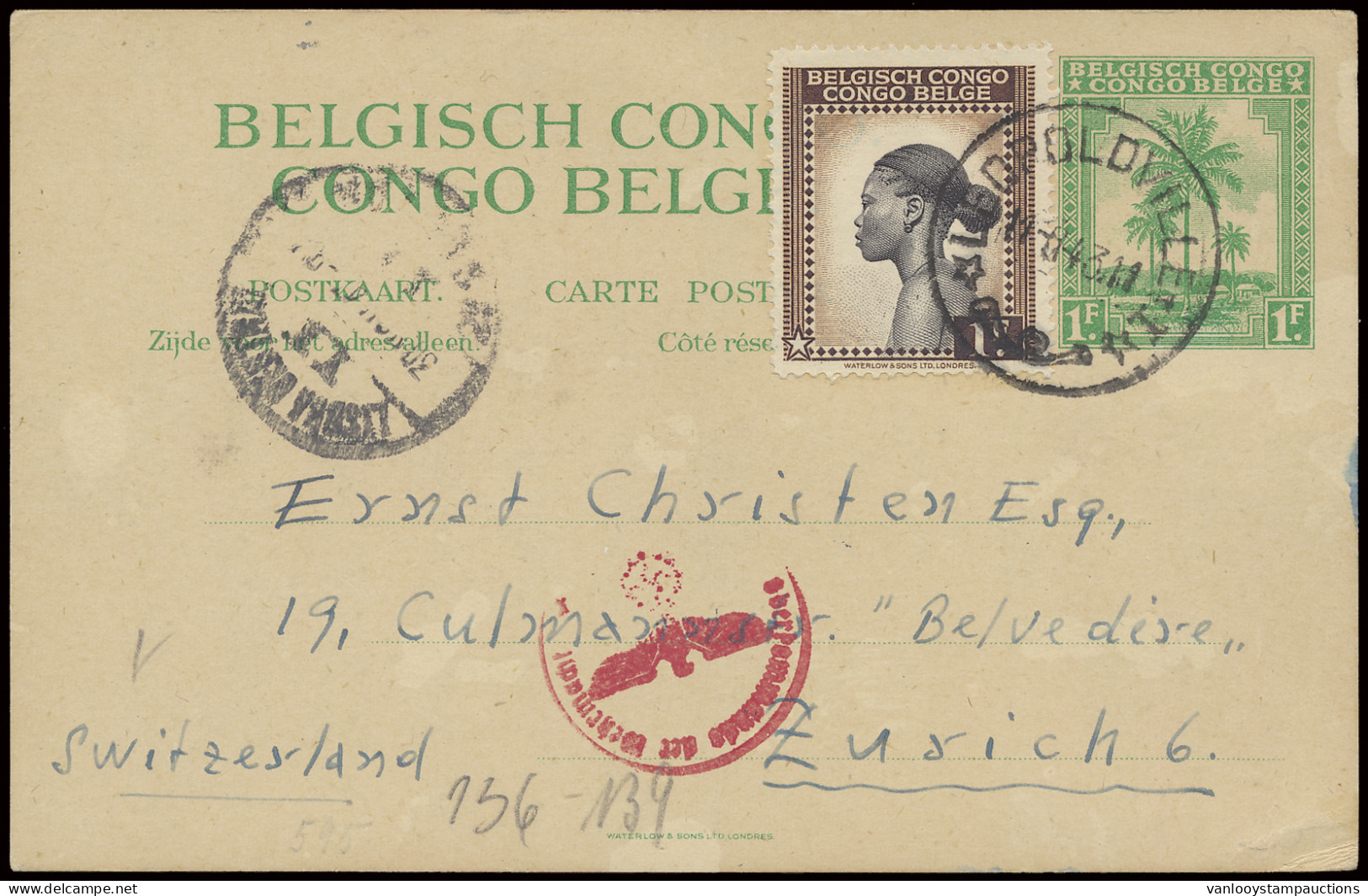 Postal Stationery Catalogue Stibbe N° 74 With Additional Franking OBP N° 237 1Fr. Palms Issue Sent From Leopoldville Aug - Entiers Postaux