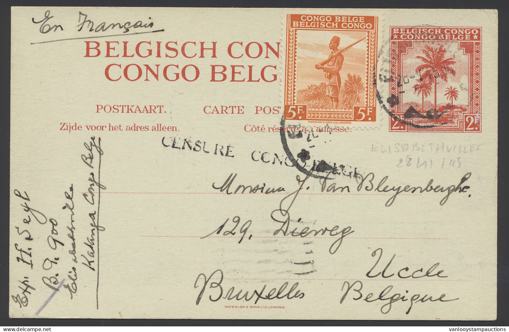 Postal Stationery Catalogue Stibbe N° 76 With Additional Franking OBP N° 263 5Fr. Palms Issue Sent From Elisabethville J - Entiers Postaux