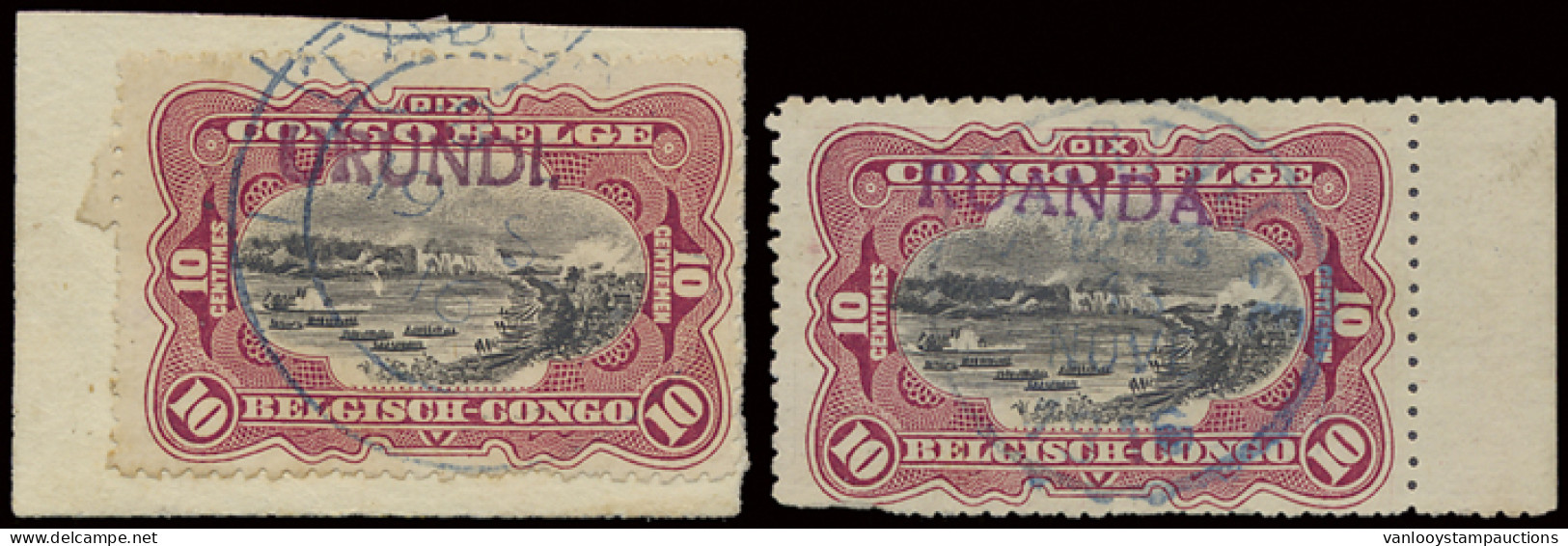 N° 10 And 17 (with Faults) 10c. Carmine With Tombeur Handstamp Overprints RUANDA And URUNDI, The Ruanda Stamp Cancelled  - Autres & Non Classés