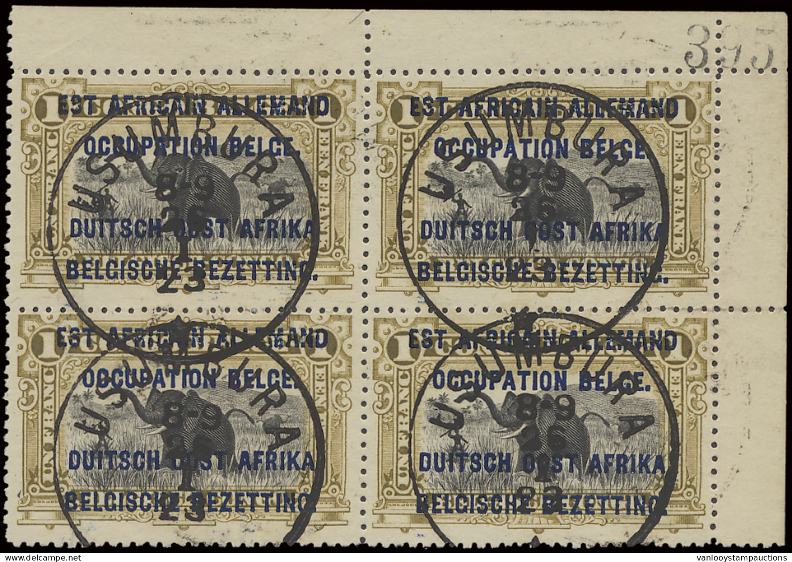 N° 34A 1Fr. Olive With Overprint EAAOB - Type A (short), In Block Of 4 (plate II2+A5 Position 4/5 And 9/10) With Corner  - Other & Unclassified