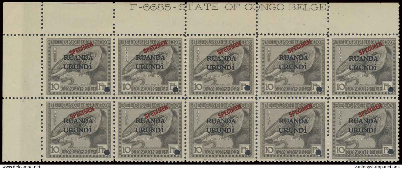 ** N° 61 (block Of 10 Stamps) 10fr. Black With SPECIMEN Overprint In Red, Punched, With Marginal Inscription F - 6685 -  - Other & Unclassified