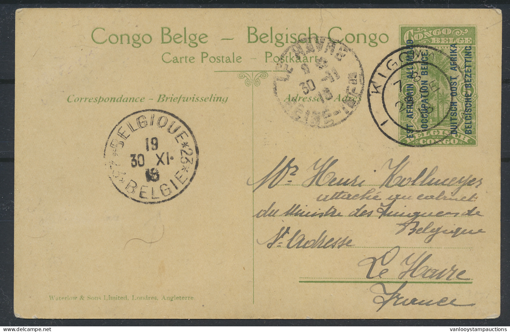 1918 Postal Stationery, Catalogue Stibbe N° 11 View 16, Sent From Kigoma September 25, 1918 To St.-Adresse, Le Havre/Fra - Autres & Non Classés