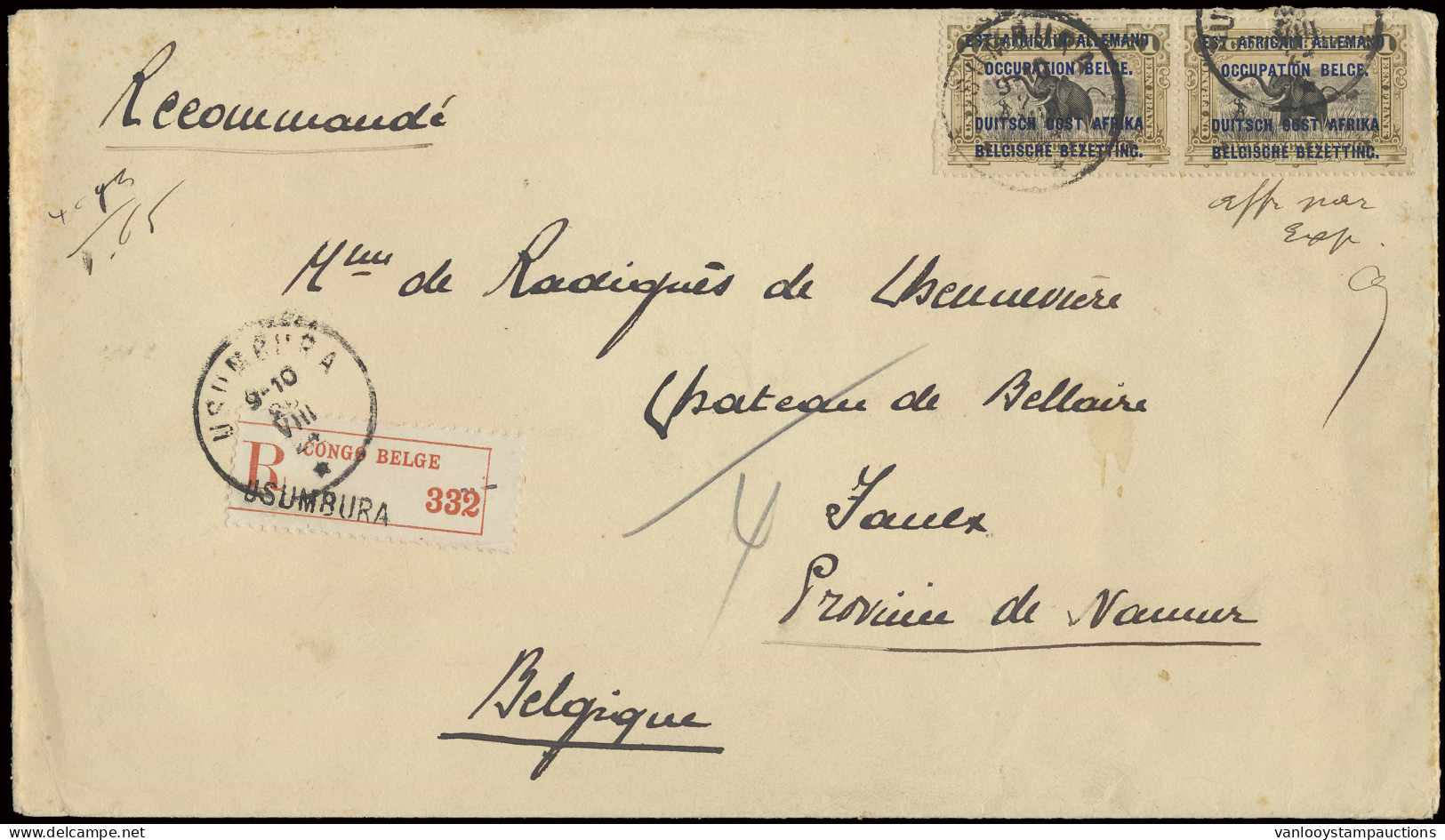 1924, Registered Cover Franked With OBP N° 34 (horizontal Pair) 1Fr Olive - EAAOB Mols Issue, Sent From Usumbura August  - Autres & Non Classés