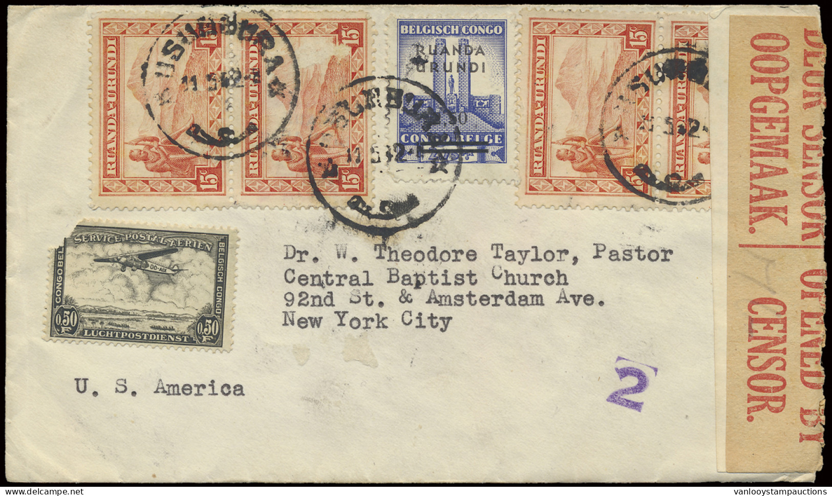 1942 Cover Franked With OBP N° 93 (4x), 123 (very Scarce) And PA 7, Sent From Usumbura, May 11, 1942 To New York/USA, Ce - Autres & Non Classés