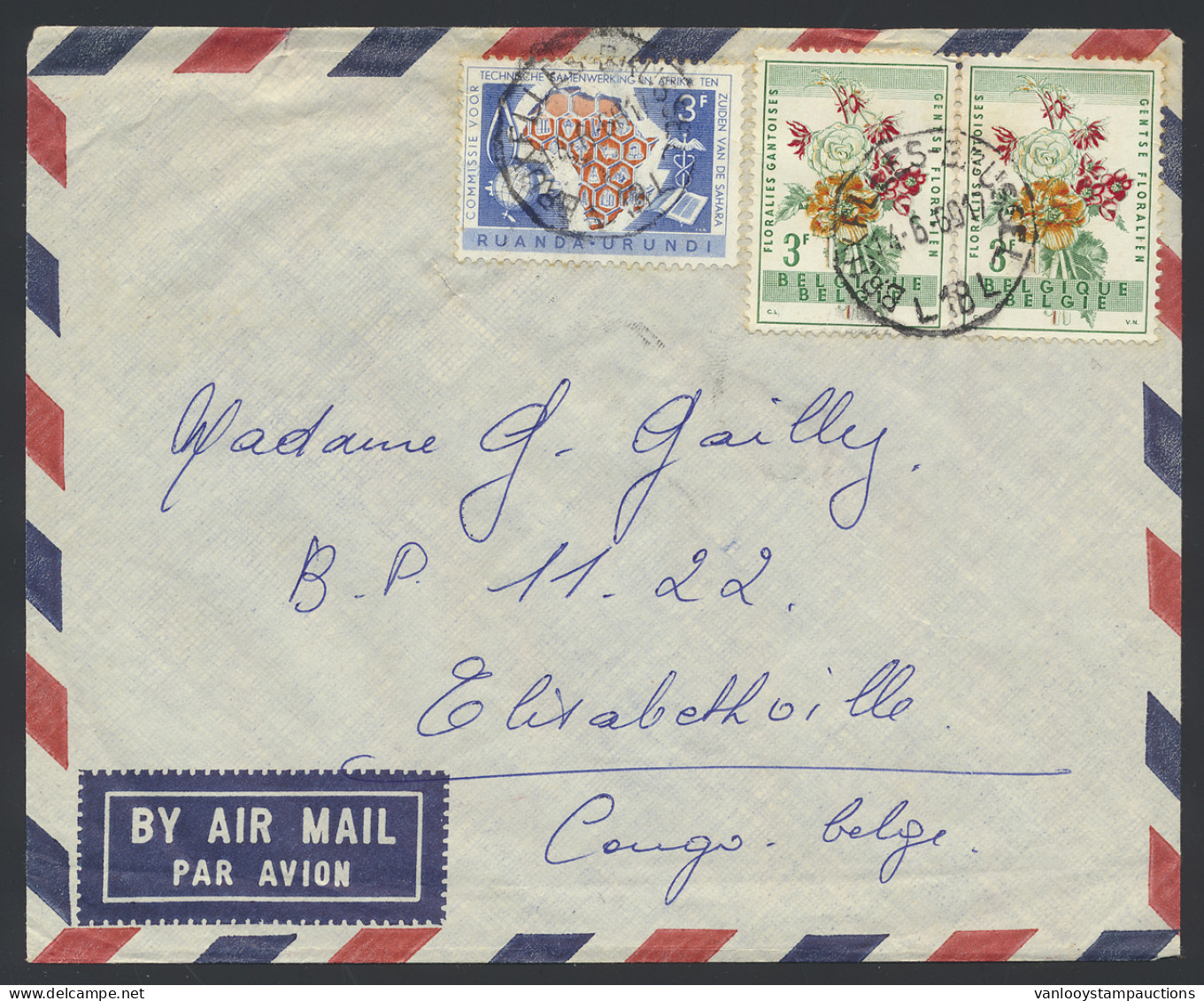 1960 OBP N° 218 And 1123 (pair) Used On Airmail Cover Sent From Brussels 18/Belgium To Elisabethville, RU Stamps Out Of  - Autres & Non Classés