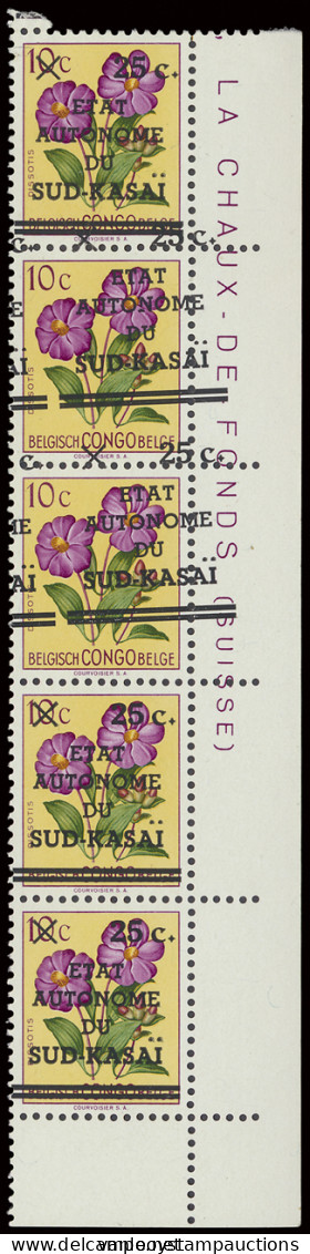 ** N° 3-Cu 25c. On 10c. Flowers Issue, Vertical Strip Of 5 Stamps Including 2 Showing Misplaced Surcharge À CHEVAL, MNH, - Sur Kasai