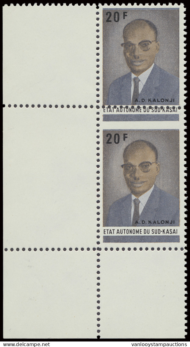 ** N° 28-Cu 20fr. A.D. Kalonji Issue In Vertical Pair With Misplaced Perforation (too Much Upwards), MNH, Scarce In Perf - Sur Kasai