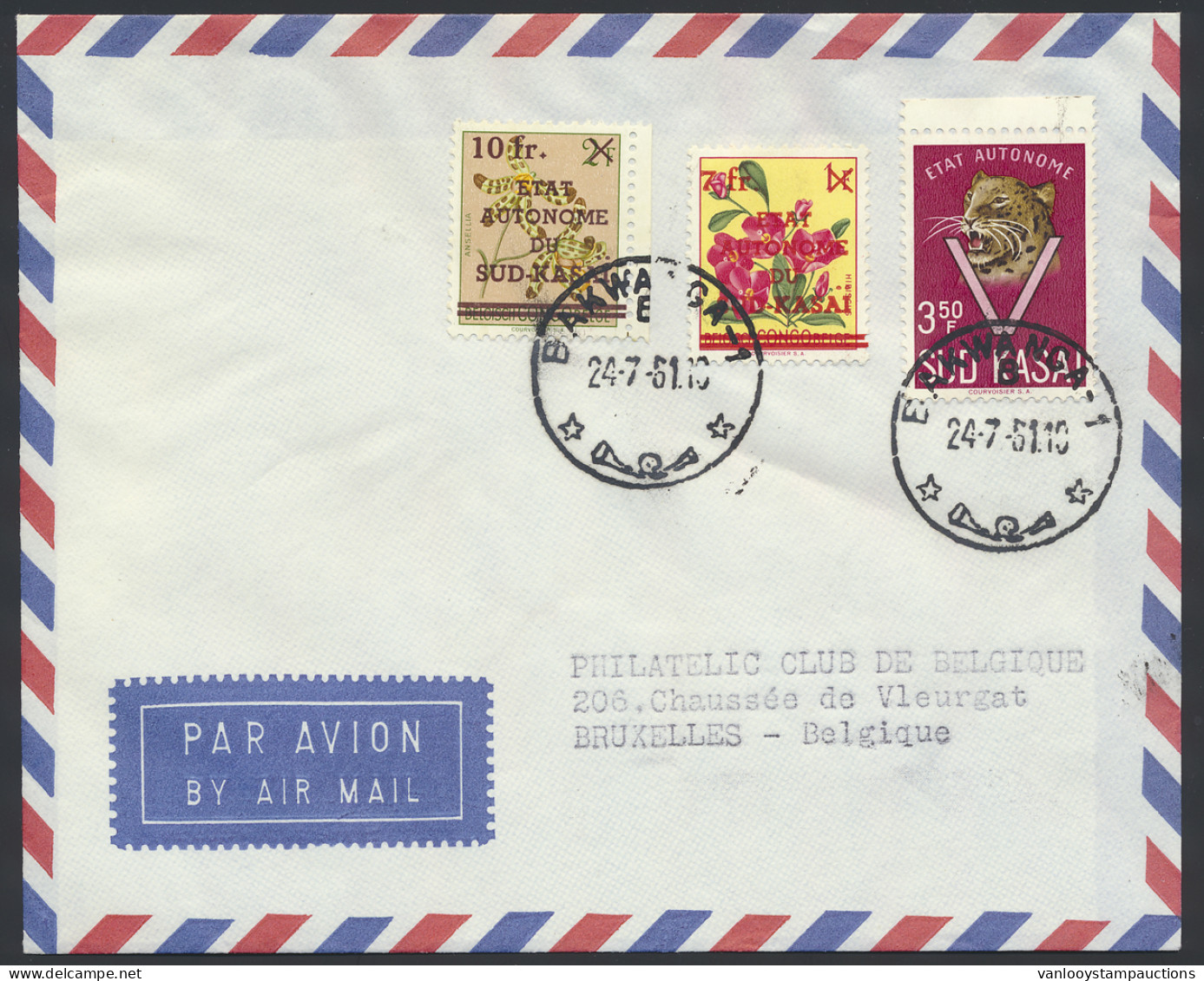 1961 Philatelic Club De Belgique Cover Franked With OBP N° 12/13 And 22 7Fr. On 1Fr And 10Fr. On 2Fr. - Flowers Issue An - Sud-Kasaï