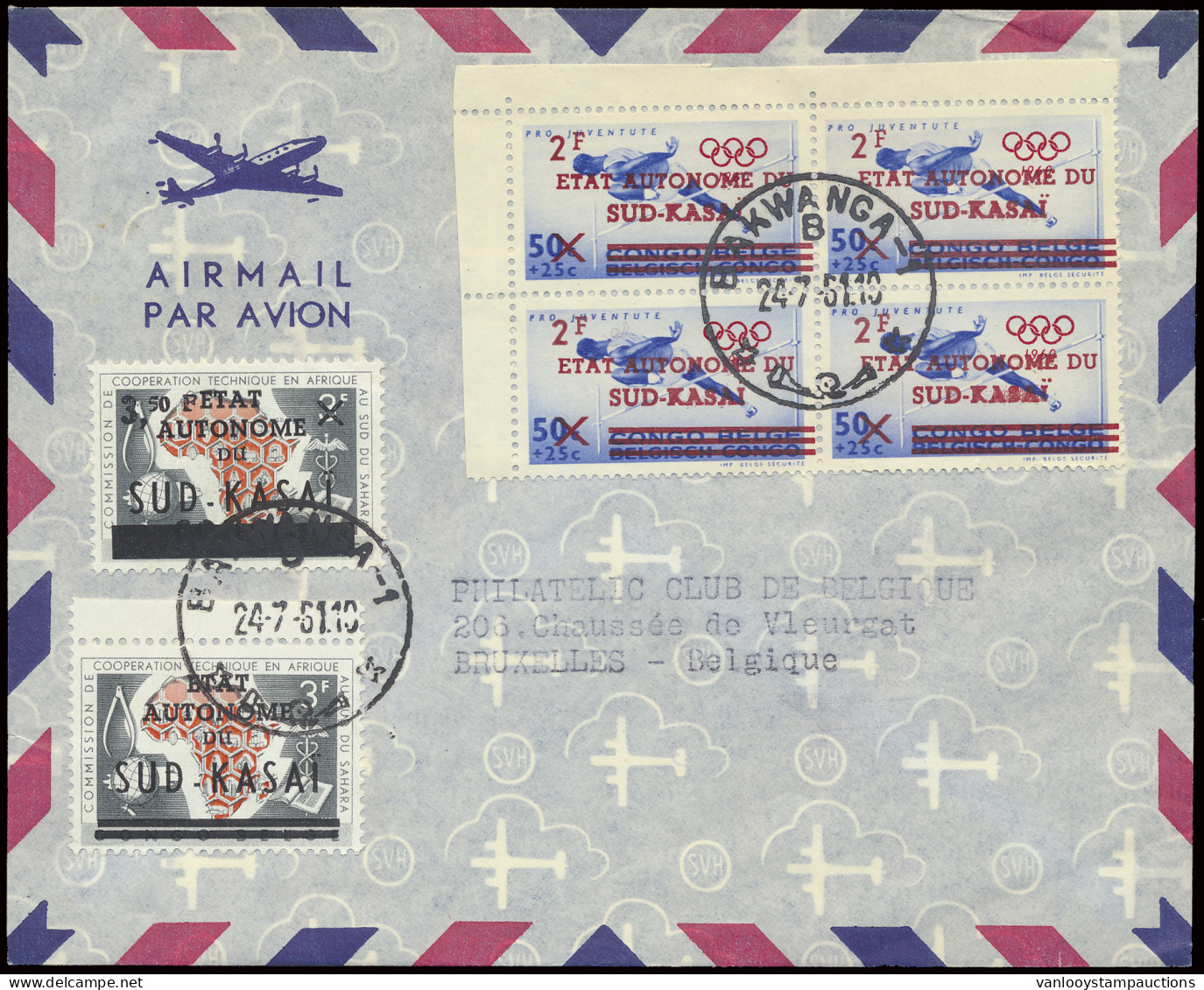 1961 Philatelic Club De Belgique Cover Franked With OBP N° 14/15 And 18 (bloc Of 4 With Corner Of Sheet) 3,50Fr. On 3Fr  - Sud-Kasaï