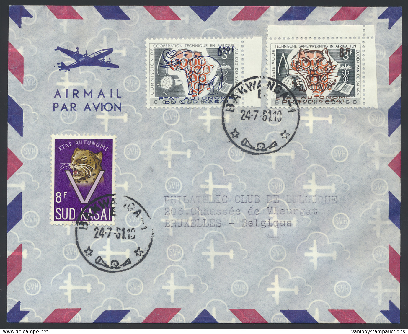 1961 Philatelic Club De Belgique Cover Franked With OBP N° 16/17 And 23 6,50Fr. On 3Fr. And 8Fr. On 3Fr. - CCTA Issue An - South-Kasaï