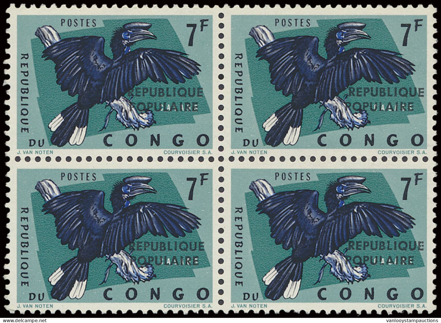 ** N° 12-cu 7Fr. Birds In Block Of 4 With Small (instead Of Big) Overprints République Populaire Type II (2 Stamps) And  - Otros & Sin Clasificación