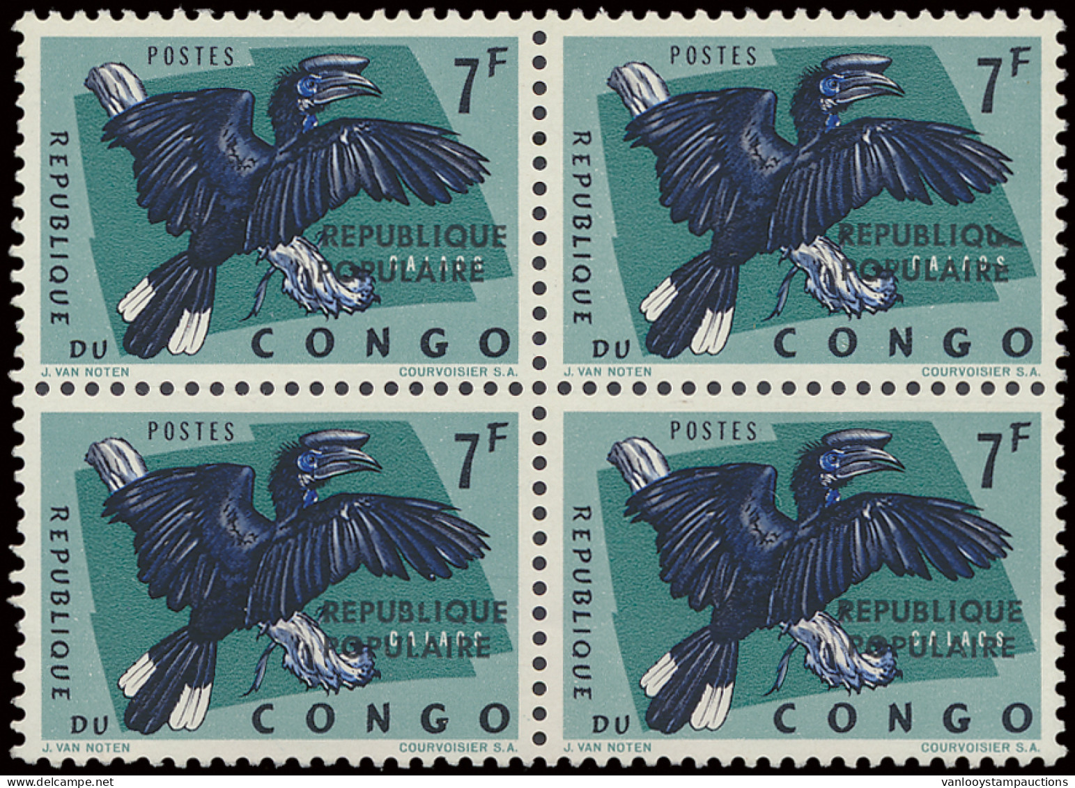 ** N° 12-Cu 7Fr. Birds In Block Of 4 With Small (instead Of Big) Overprints République Populaire Type I (1 Stamp), III ( - Other & Unclassified