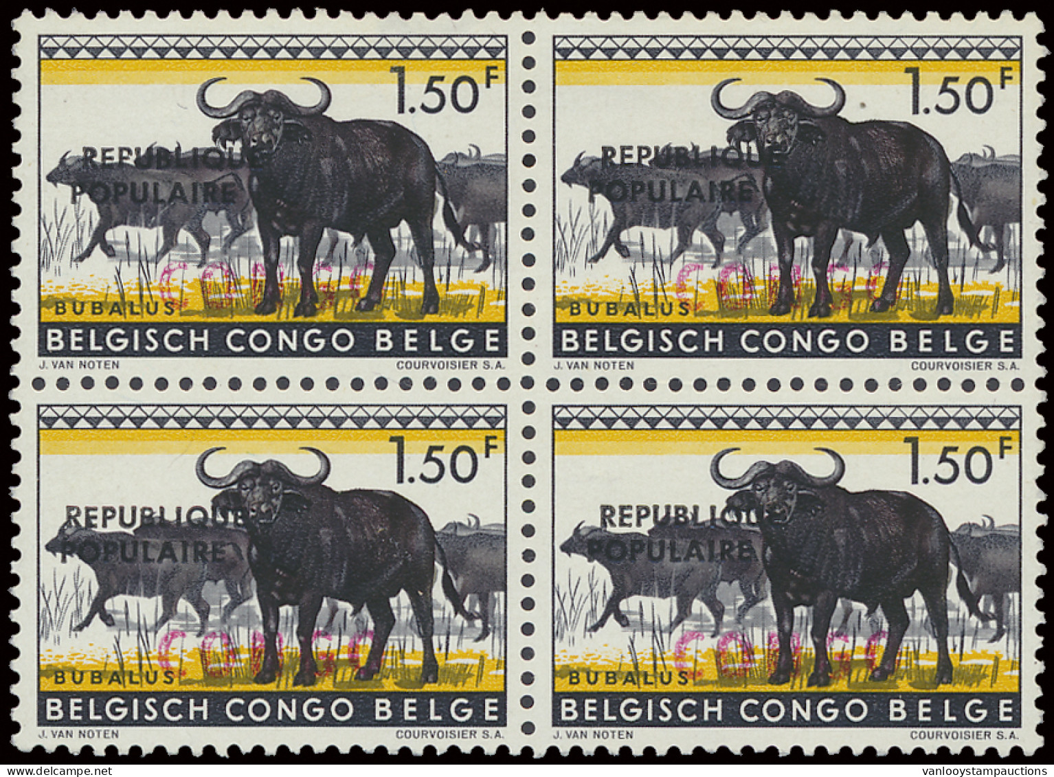 ** N° 405 Of Republic Of Congo 1,50Fr. Animals With Overprint CONGO Of 1960 In Block Of 4 With Small Overprint Républiqu - Otros & Sin Clasificación