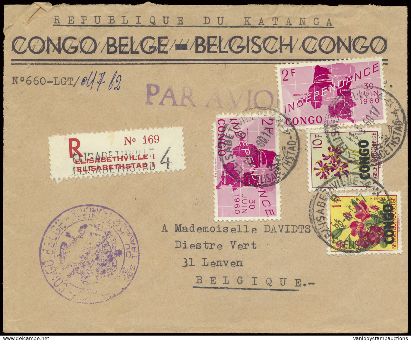 1960, Registered Airmail Cover, Franked With OBP N° 376 (2x), 388 And 396 2Fr - Independance And 1Fr And 10 Fr - Flowers - Katanga