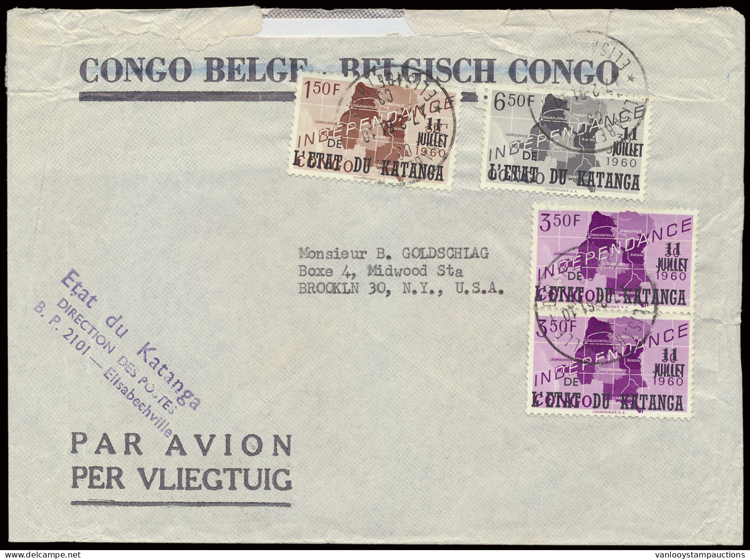 1961, Airmail Cover Franked With (OBP) N° 47 '1,50 Fr, 3,50 Fr And 6,50 Fr Independance' Sent From Elisabethville 1-C3 F - Katanga