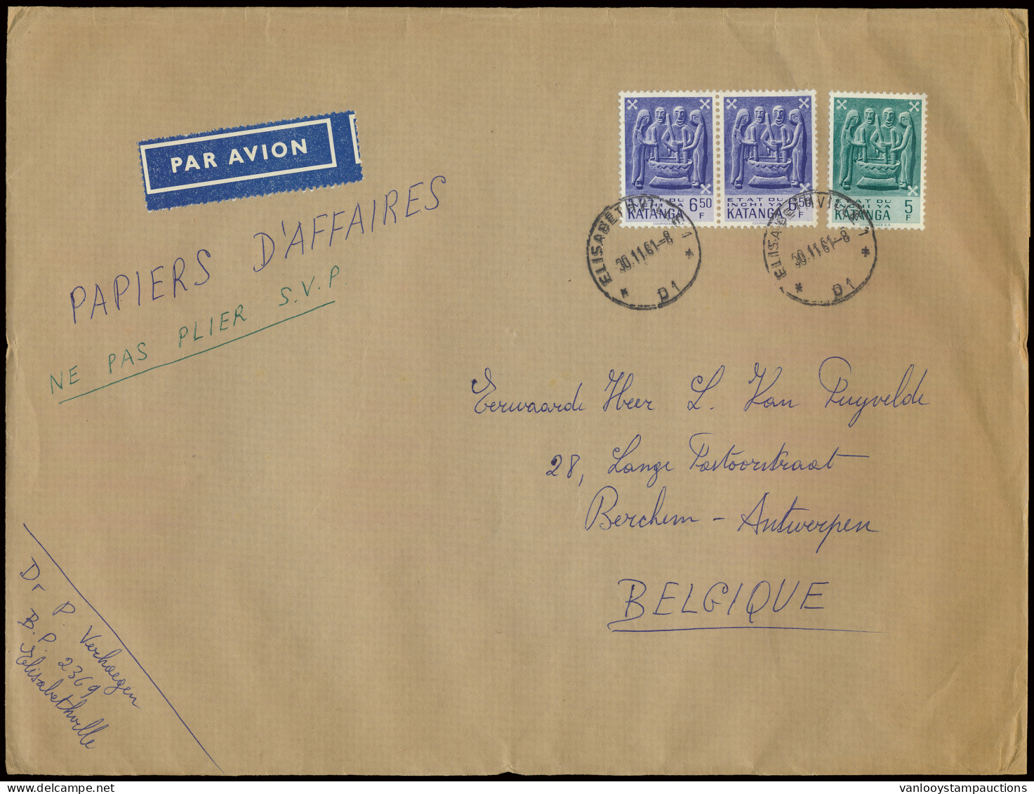 1961, Airmail Cover (printed Matter Rate), Franked With OBP N° 58 And 60 (horizontal Pair) 5Fr And 6,50Fr - Katangese Ar - Katanga