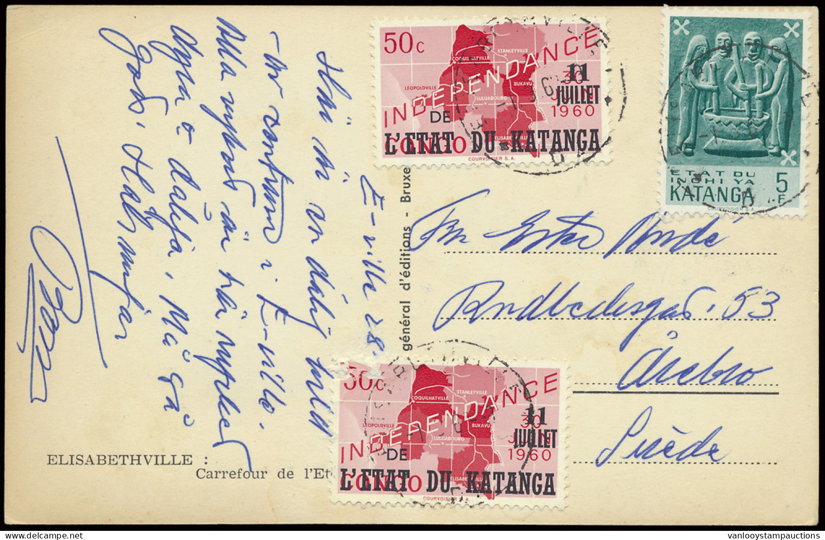 1962 Picture Postcard Franked With OBP N° 41 (2x) And 58 50c. - Independance And 5fr. - Katangese Art, Sent By Airmail F - Katanga