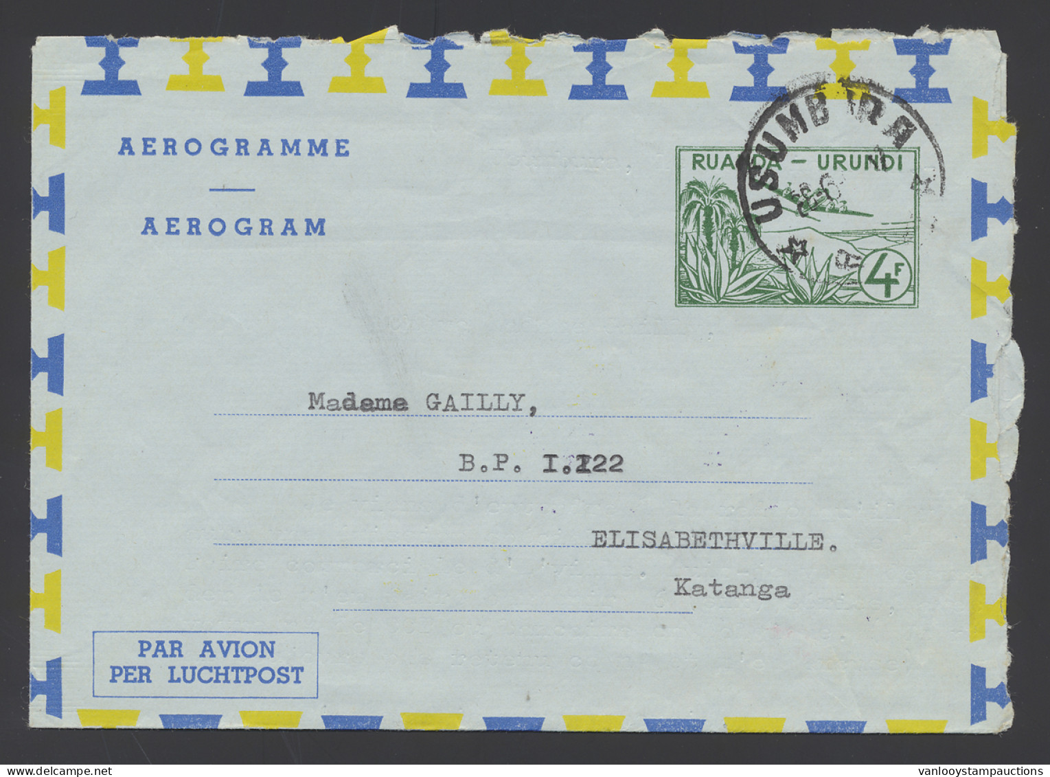 1961, Incoming Mail, Aerogram Sent From Usumbura / Ruanda Urundi June 26, 1961 To Elisabethville / Katanga Free State, U - Katanga