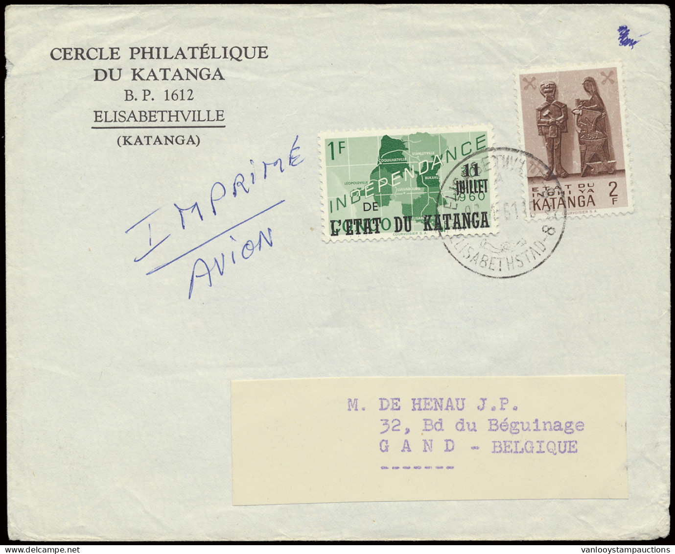 1961 Airmail Printed Matter (cover), Franked With OBP N° 42 And 56 1fr. - Independance And 2fr. - Katangese Art Sent Fro - Katanga